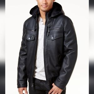 Faux Leather Hooded Bomber Jacket